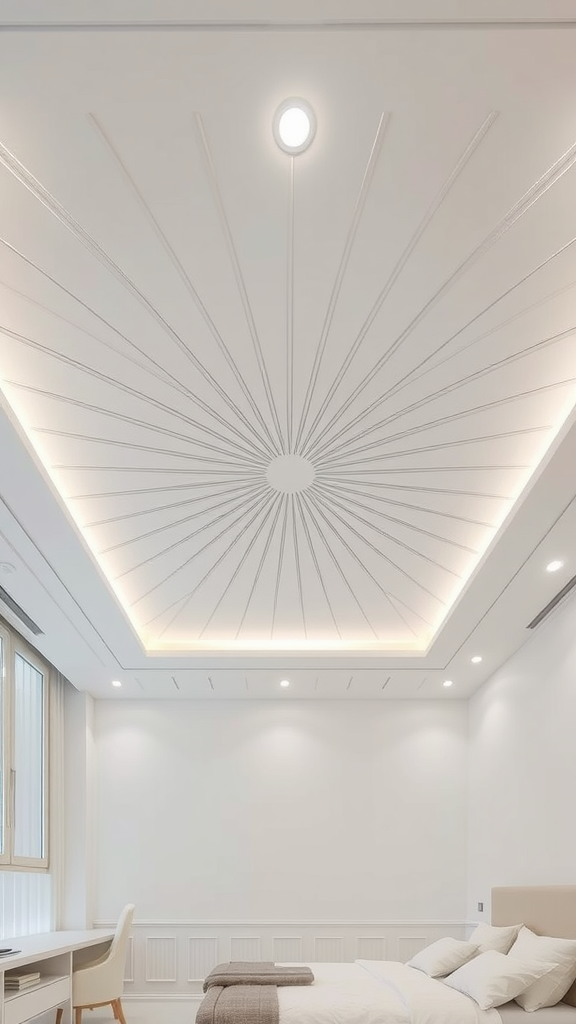 A minimalist bedroom with a starburst ceiling design featuring warm lighting.