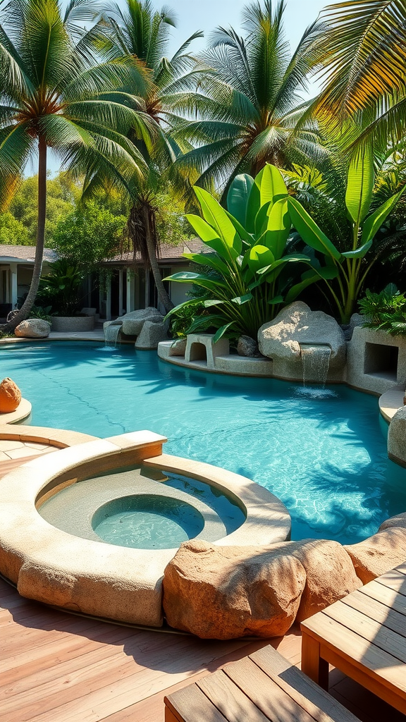 A modern lagoon pool surrounded by palm trees and lush plants, featuring a unique shape and a hot tub.