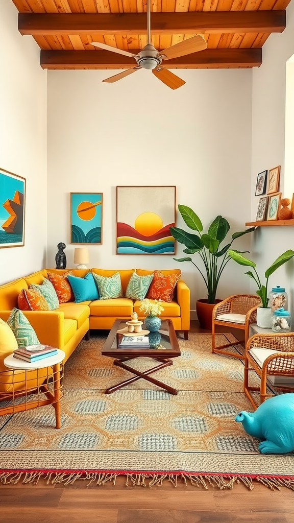 A bright and cozy living room featuring a yellow sofa, colorful pillows, wooden beams, and lively decor.