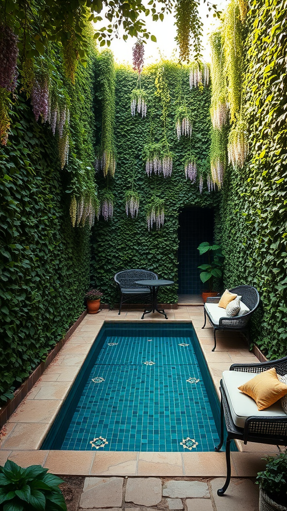 A cozy secret garden pool surrounded by lush greenery and hanging flowers, featuring a blue-tiled pool and comfortable chairs.