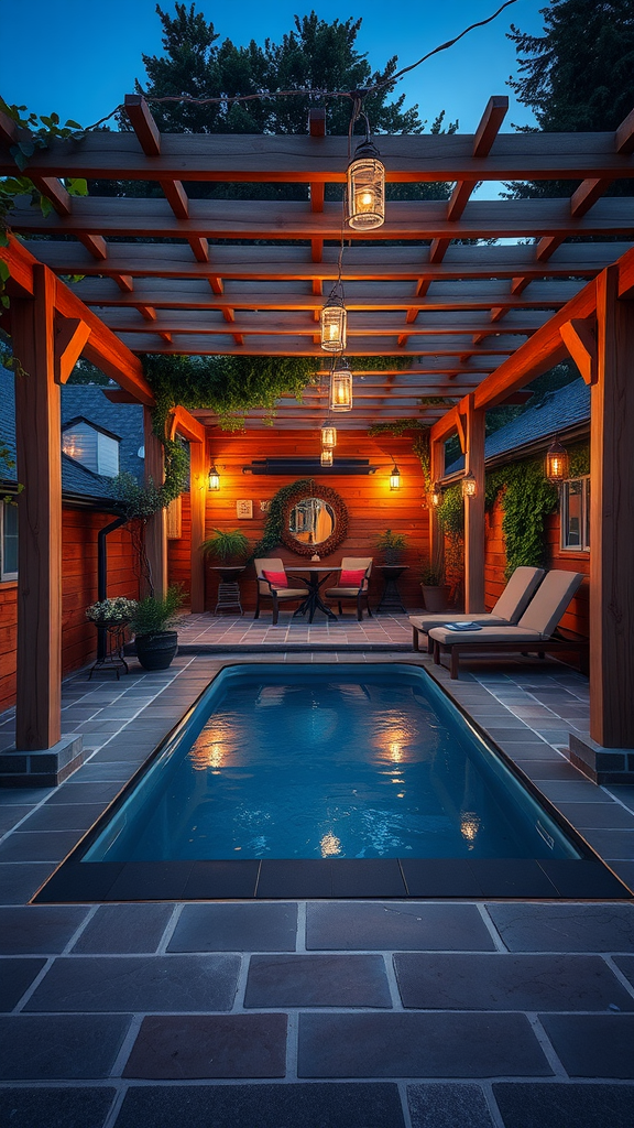 Small pool area with a pergola, cozy seating, and warm lighting.