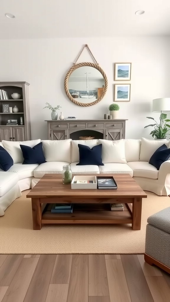 A neutral coastal living room featuring a white sectional sofa with navy pillows, a wooden coffee table, and nautical-themed decor.