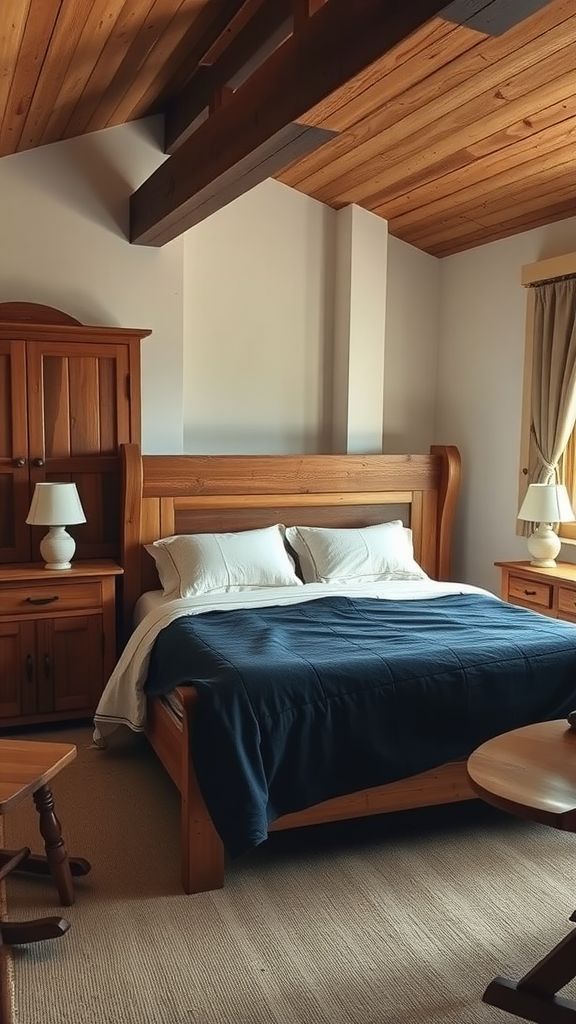 A warm rustic farmhouse bedroom featuring wooden furniture, a sloped ceiling, and cozy bedding.