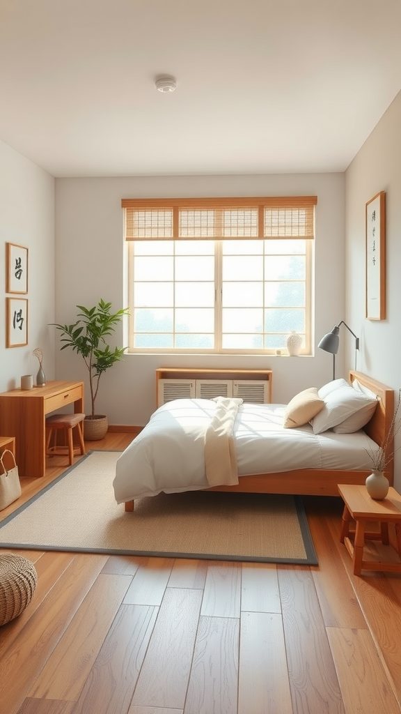 A zen-inspired dorm room featuring minimalistic wooden furniture, soft bedding, and a plant by the window.