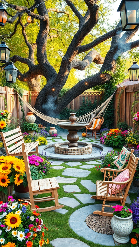 A beautiful garden featuring colorful flowers, a hammock, and a cozy seating area with wooden chairs.