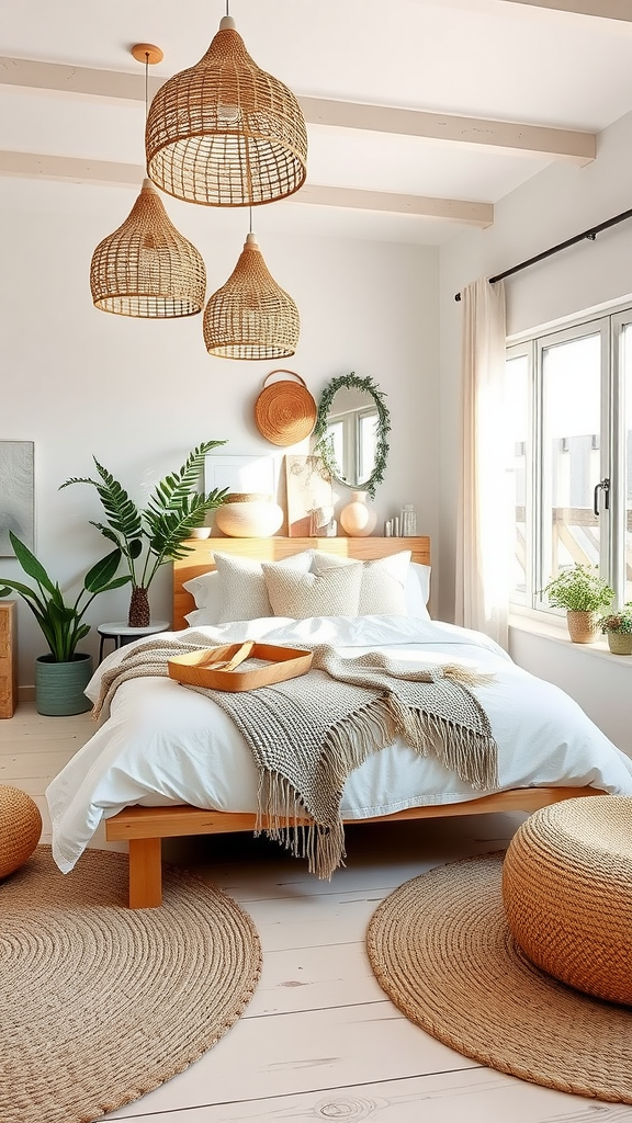 A bright and airy boho coastal bedroom featuring a wooden bed, woven pendant lights, and plants.