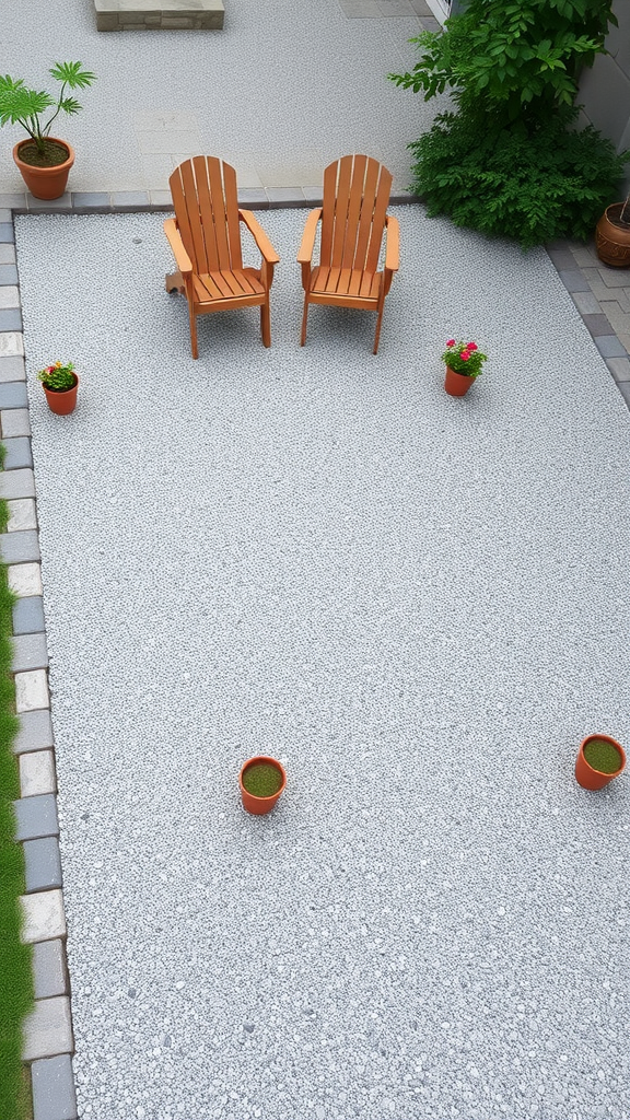 A gravel patio with wooden chairs and potted plants, showcasing a classic design.