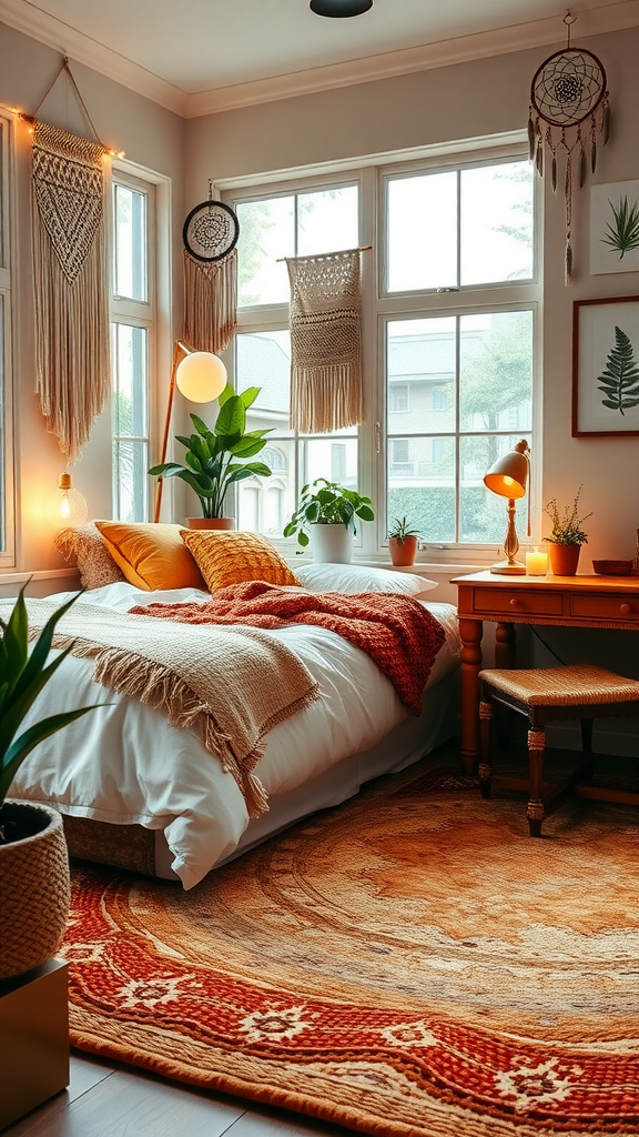 A cozy boho-style dorm room featuring a bed with soft blankets, large windows, plants, and warm lighting.