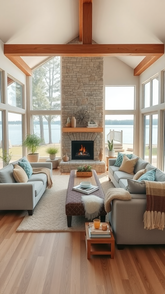 Cozy lake house living room with large windows, stone fireplace, and soft couches