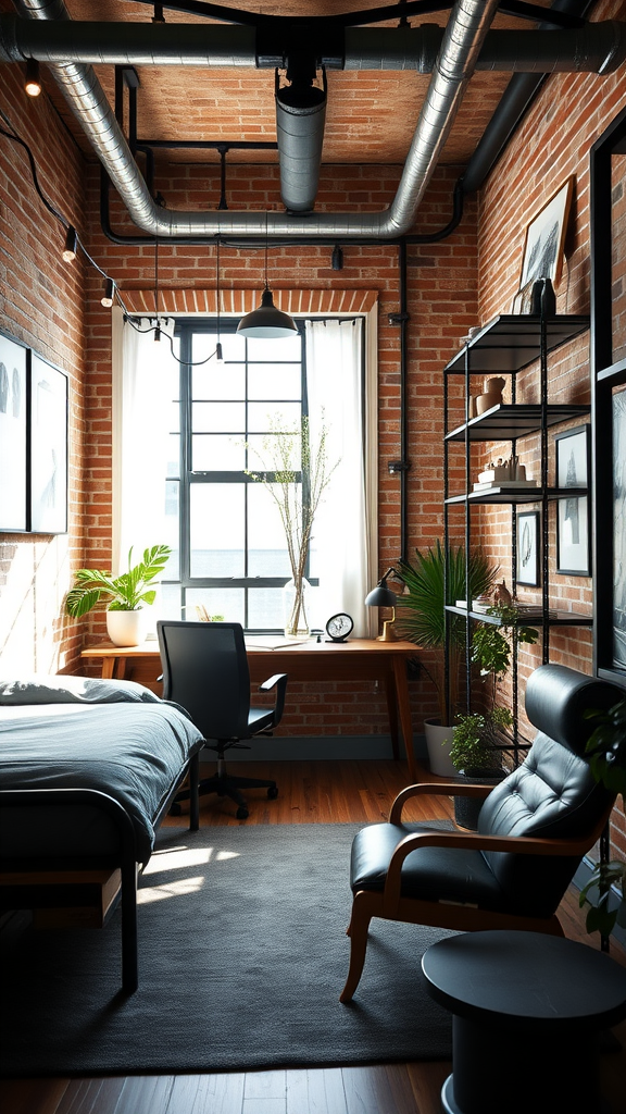 An industrial modern dorm room with exposed brick, metal piping, and stylish furniture.