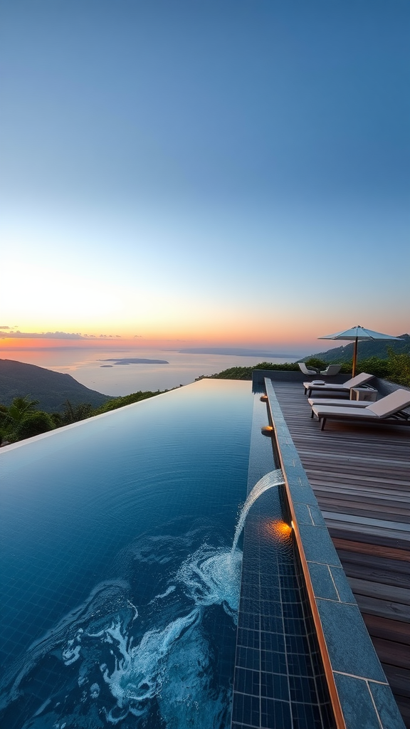 A beautiful infinity edge pool overlooking a serene sunset landscape.