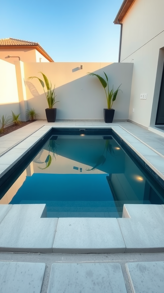 A minimalist rectangular pool surrounded by pavers and plants, reflecting the clear sky.