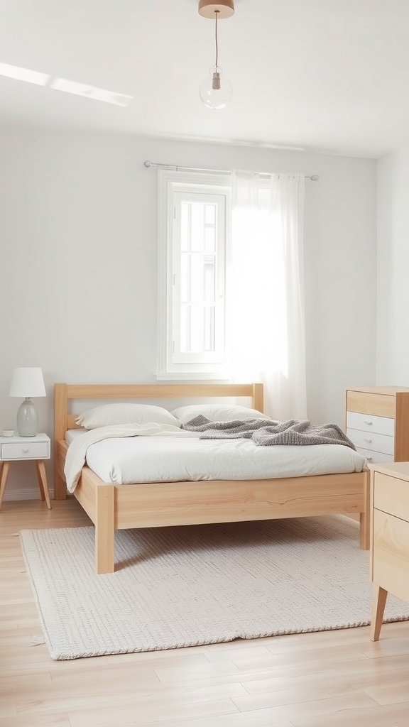 A minimalist Scandinavian bedroom featuring a wooden bed, simple bedside tables, and natural light streaming in through the window.