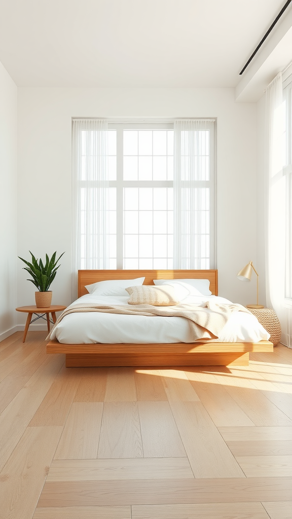 A minimalist bedroom featuring a wooden bed, white bedding, large windows, and a small plant.