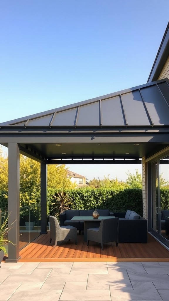 A modern steel patio roof extension with seating area and greenery in the background.