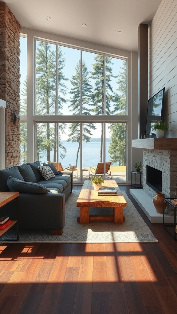 A rustic modern living room with large windows overlooking a lake, featuring a stone wall, dark wood floors, and a wooden coffee table.