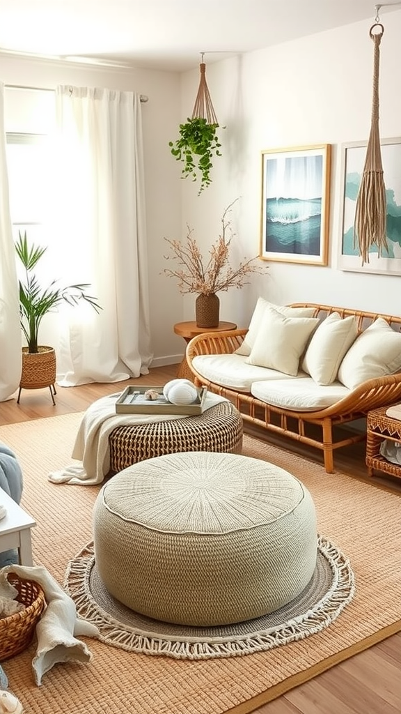 Boho coastal living room with rattan furniture, soft cushions, and coastal artwork.