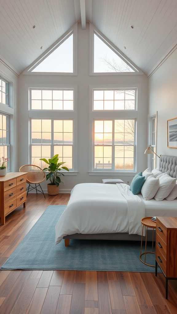 Bright lakeside bedroom with large windows and cozy decor