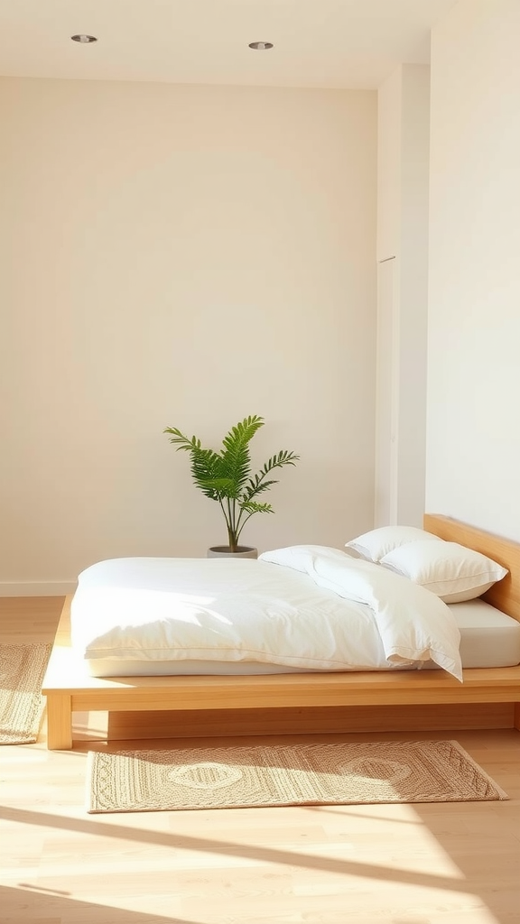 A serene Japandi bedroom featuring a wooden bed, soft bedding, and a green plant.