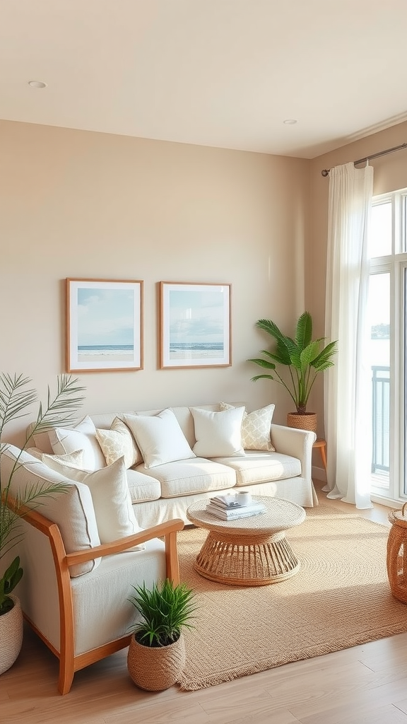 A serene coastal living room featuring a neutral color palette with a plush sofa, potted plants, and ocean-themed artwork.