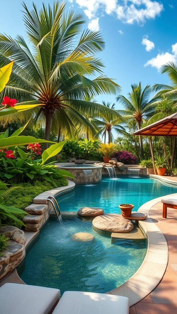 A tropical pool area surrounded by palm trees and colorful flowers, featuring a natural stone design and gentle waterfalls.