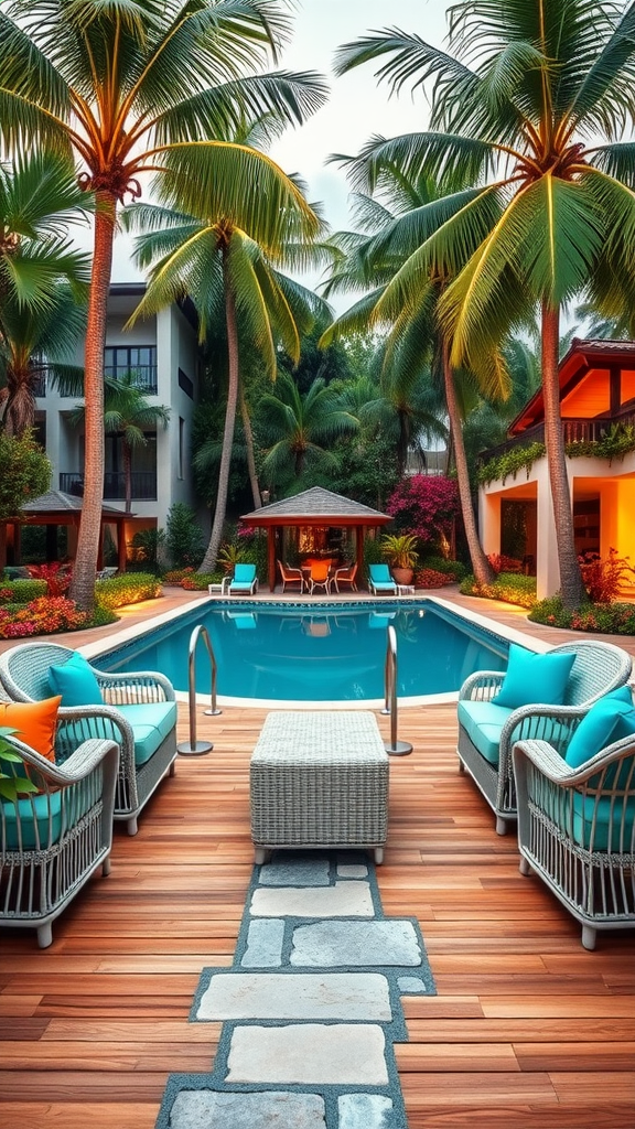 Tropical pool deck with palm trees, wicker chairs, and a shimmering pool.