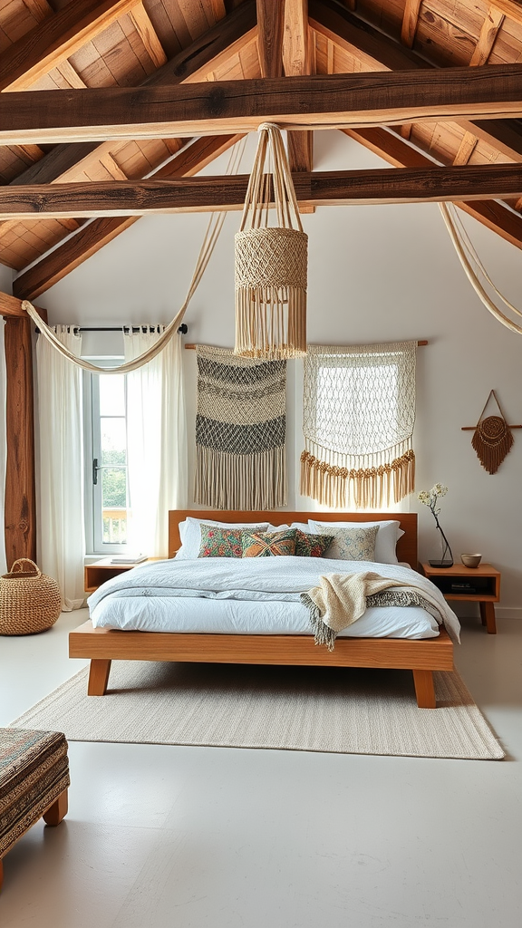 Boho coastal bedroom featuring wooden beams, a cozy bed, colorful pillows, and natural decor elements.