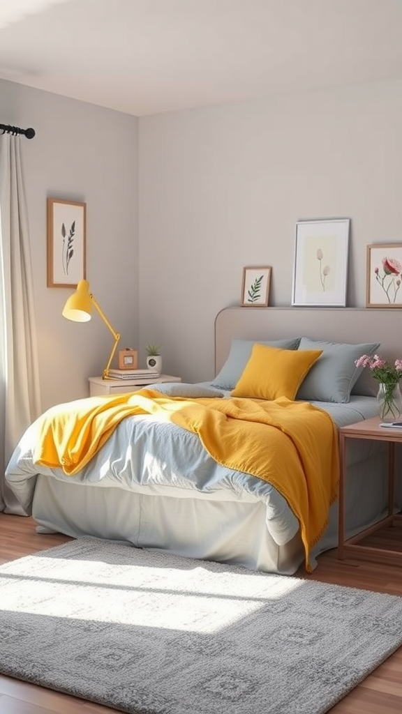 A cozy dorm room with soft gray walls, a yellow blanket on the bed, and a warm lamp lighting up the space.