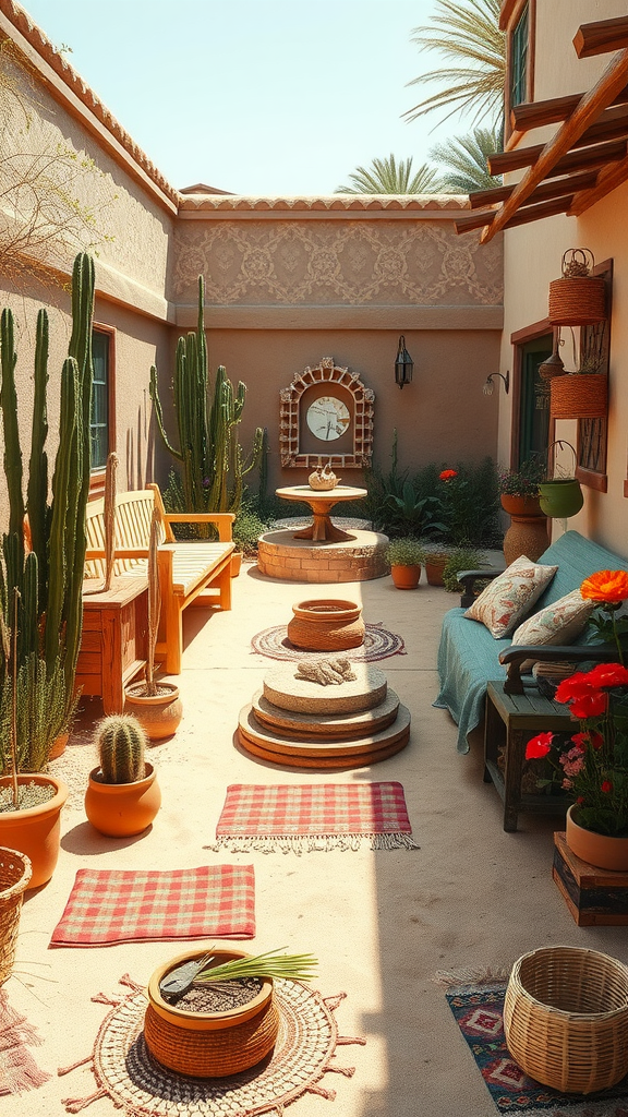 A desert garden featuring cacti, colorful pots, and a cozy seating area in a sandy courtyard.