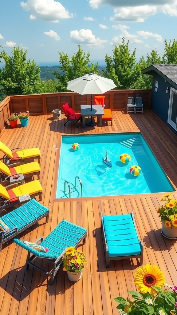 A family-friendly pool deck with colorful floaties in a sunny pool surrounded by wooden decking and chairs.