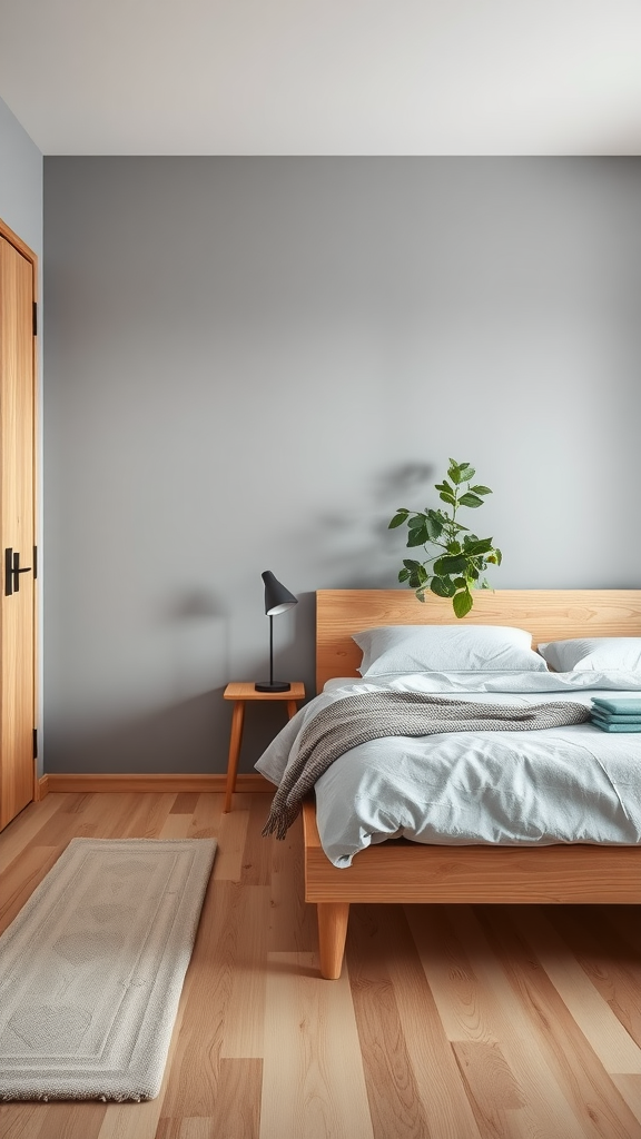 A Japandi style bedroom featuring soft gray walls, warm wood furniture, a cozy bed, and a small plant.