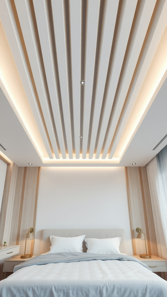 A modern bedroom with a linear strip ceiling design featuring LED lighting.