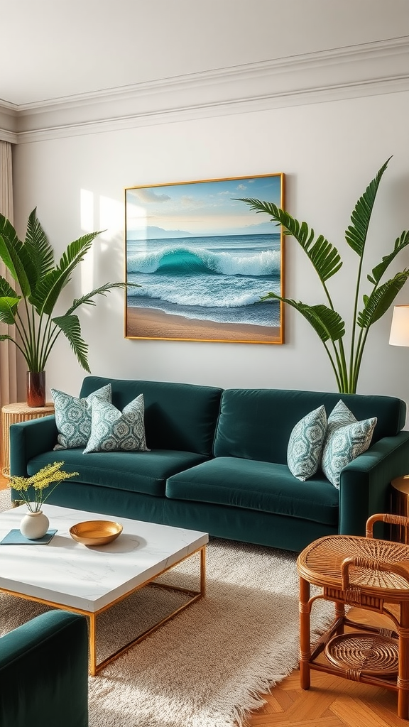 Luxurious boho coastal living room with teal sofa, decorative pillows, coastal artwork, and leafy plants.