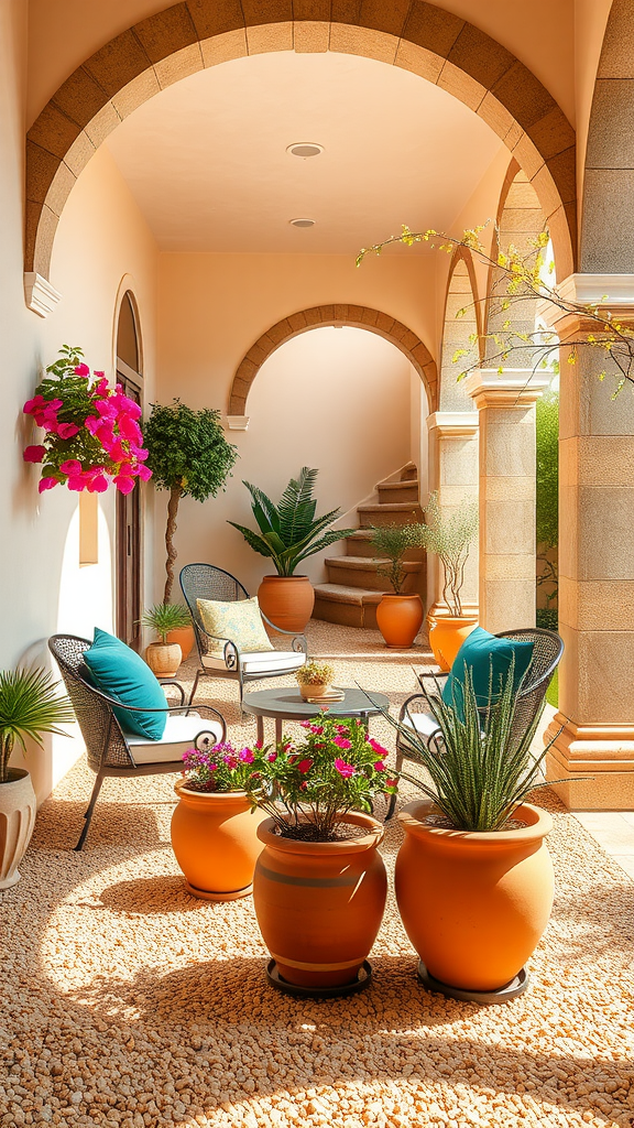 Mediterranean-inspired gravel patio with terracotta pots, colorful flowers, and comfortable seating.