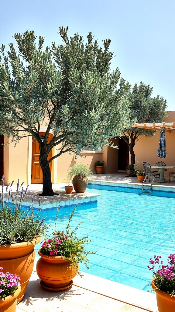 A beautiful Mediterranean pool surrounded by olive trees and colorful flower pots.