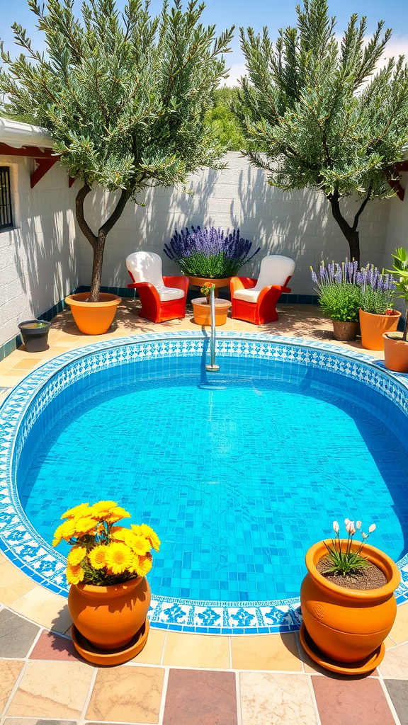 Mediterranean style small pool with vibrant flowers and potted plants