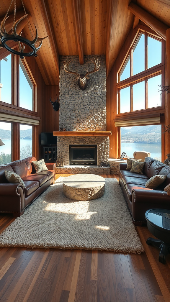 Cozy mountain lodge living room with large windows, stone fireplace, leather sofas, and rustic decor.