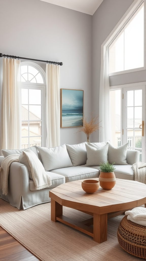 A neutral coastal living room featuring a light gray sofa, large windows, and a wooden coffee table.