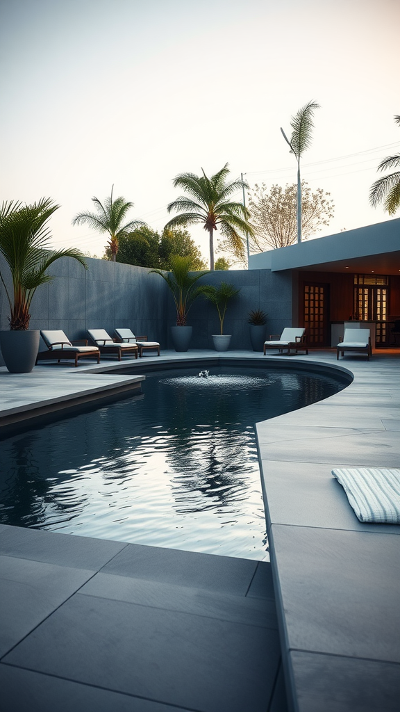 A modern pool with a cantilevered edge, surrounded by palm trees and lounge chairs.