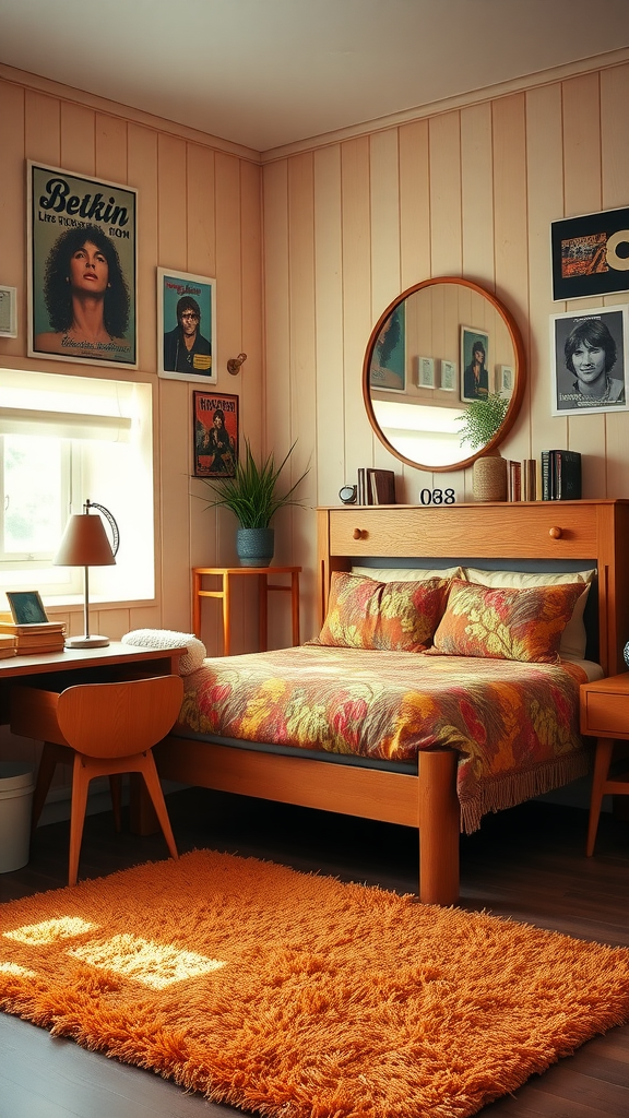 A cozy retro 70s dorm room featuring a wooden bed with colorful bedding, a shaggy orange rug, and vintage wall art.