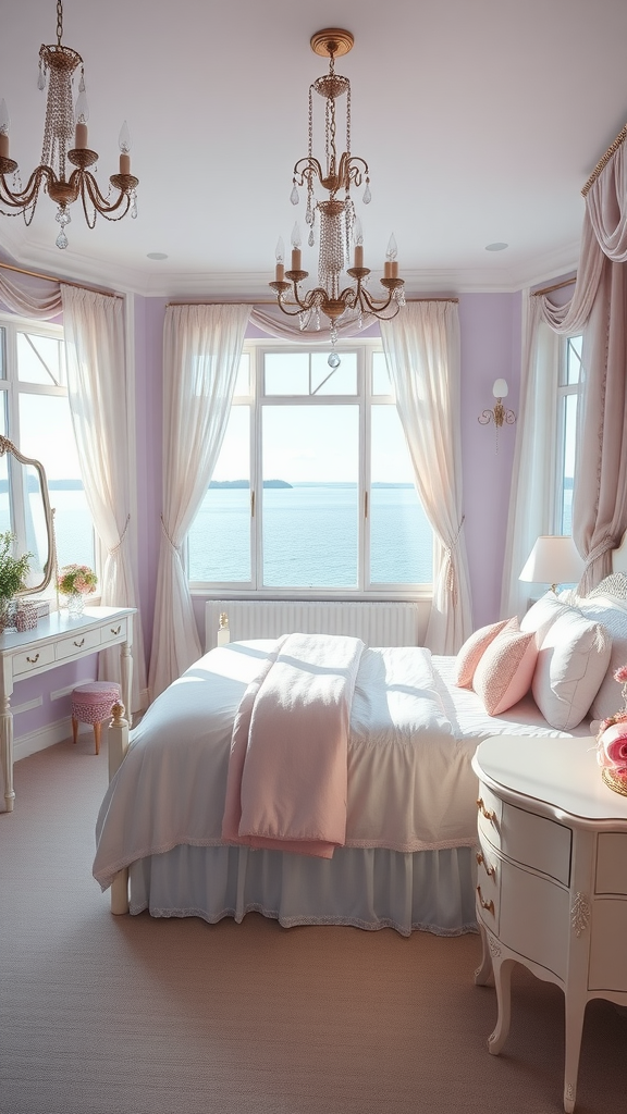 A cozy and elegant lake house bedroom with large windows, a comfortable bed, and romantic decor.