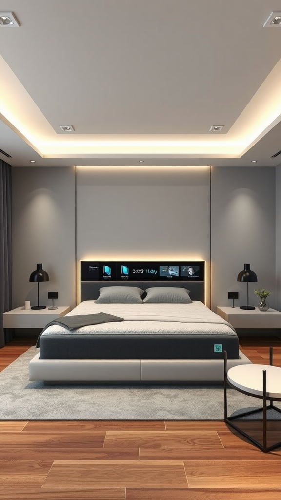 Modern bedroom with a tech-infused design featuring a sleek bed, built-in display, and minimalist decor.