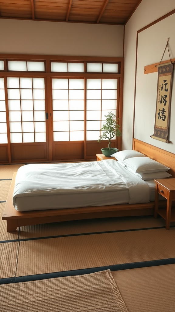 A traditional Japanese bedroom with a futon, tatami mat flooring, shoji screens, and a potted plant.