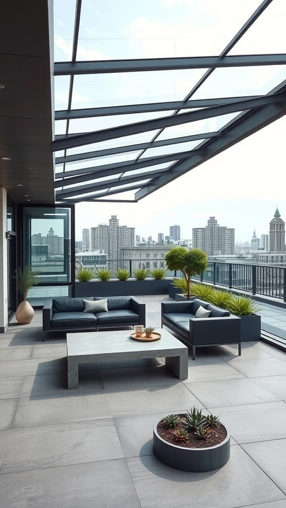 Modern urban rooftop patio with glass roof extension and stylish furniture.