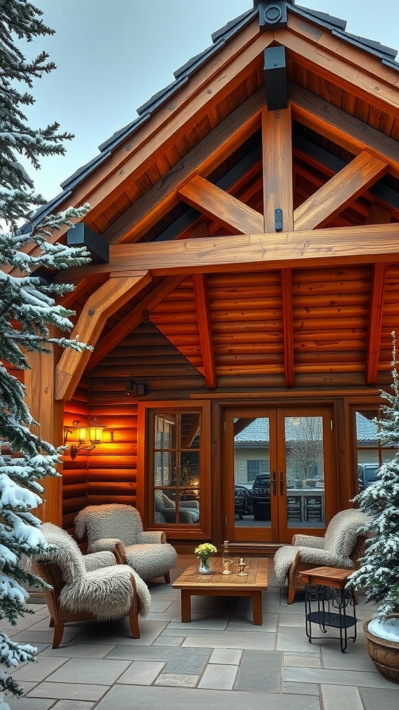 A cozy patio with a wooden roof extension, featuring plush seating and a warm ambiance.