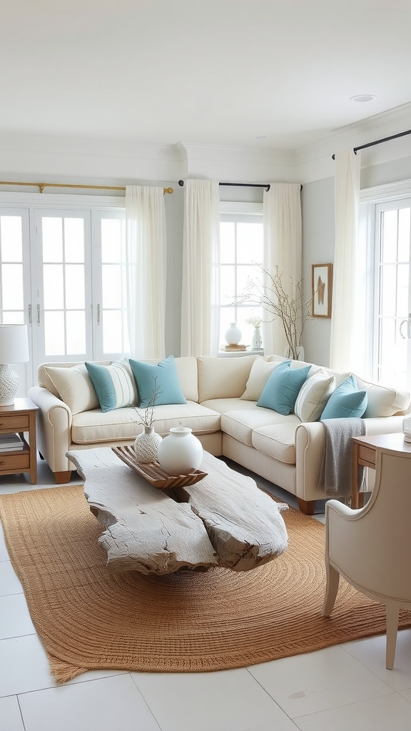 A bright and airy coastal living room with a sectional sofa, rustic coffee table, and large windows.