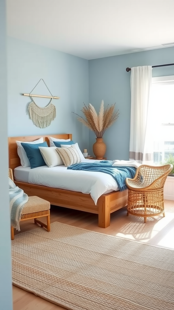 Coastal boho bedroom featuring blue walls, a cozy bed with blue accents, and natural decor elements.