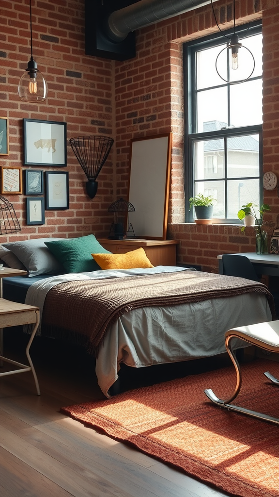 A cozy dorm room featuring an industrial design with exposed brick walls, a comfortable bed, framed art, and plants.