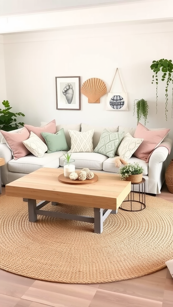 A cozy boho coastal living room featuring a white couch with pastel pillows, a natural wood coffee table, and a jute rug.
