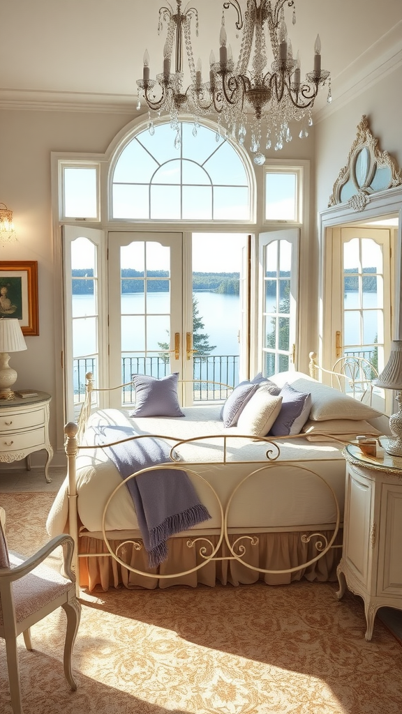 A beautifully decorated bedroom with a vintage bed, chandelier, and lake view.